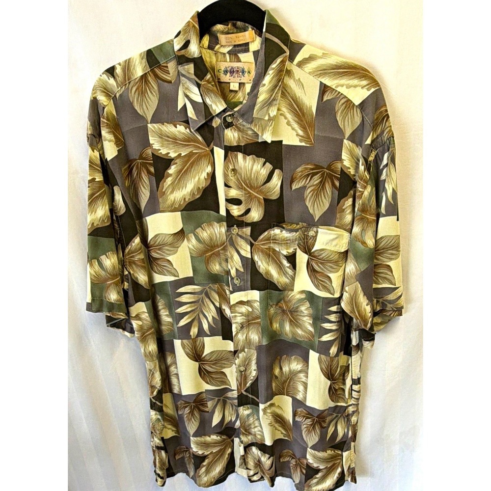 Vintage Campia Moda Men L Floral S/S Button Shirt Pockets Rayon Gray Beige Green